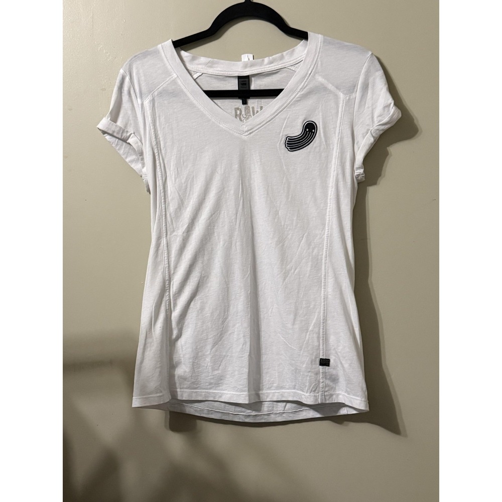 G-STAR RAW T-Shirt Womens S White V-Neck Embroidered Slim Lightweight Breathable
